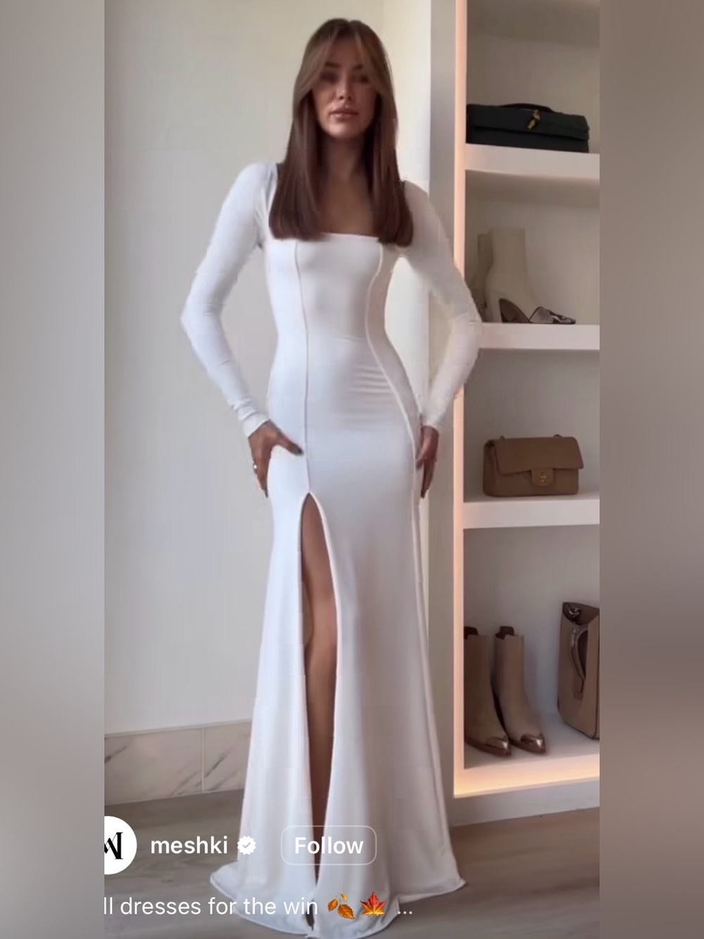 NWT Meshki Desirie Slinky Long Sleeve Maxi Slit Ivory Dress L
